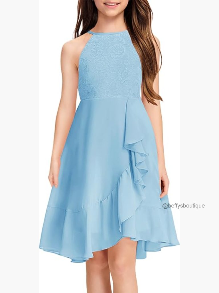 Girls Lace Chiffon High Low Ruffle Dress Halter A-Line Flowy Jr Bridesmaid